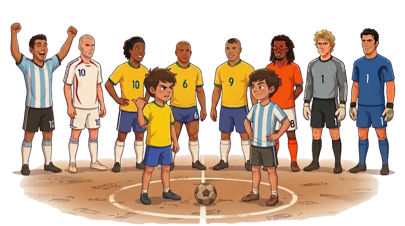 Ilustración estilo Teamgeist 2006: dos pibes eligiendo su equipo de cracks en un potrero