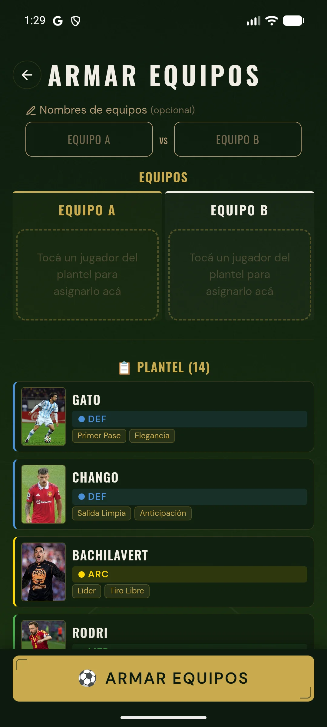 Armar equipos: Equipo A y B balanceados