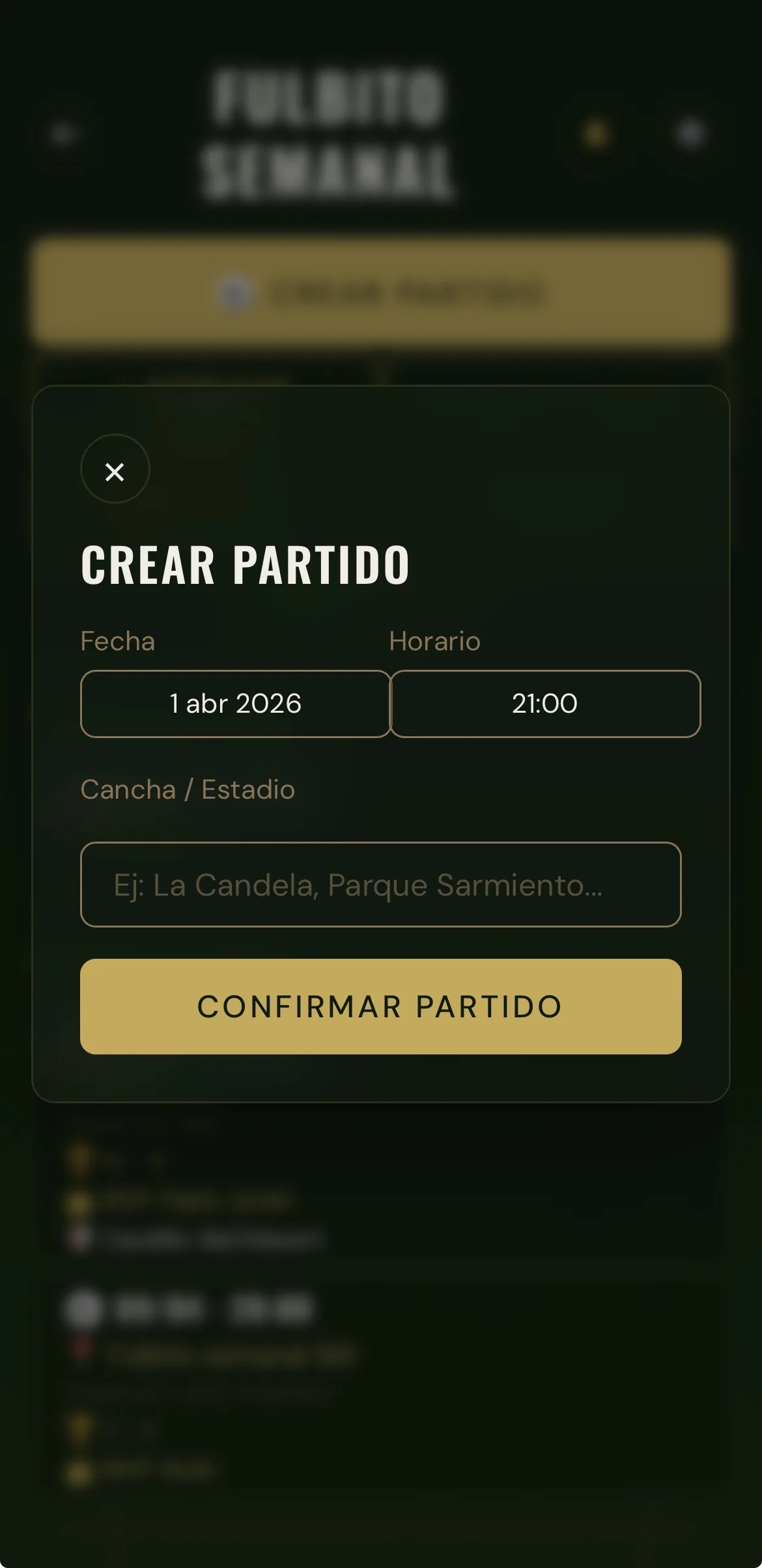 Crear partido: elegí fecha, horario y cancha