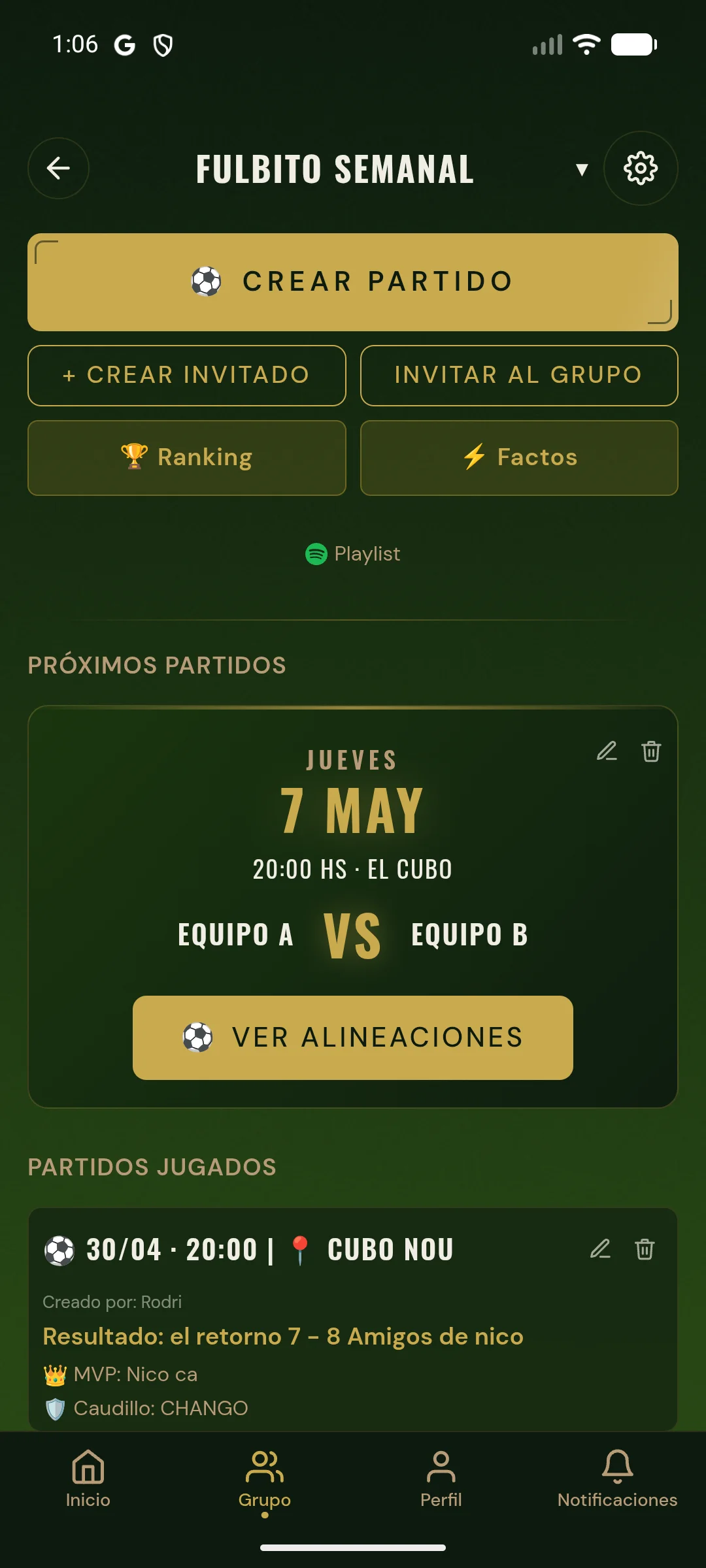Pantalla principal del grupo Fulbito Semanal: partidos, plantel y acciones rápidas